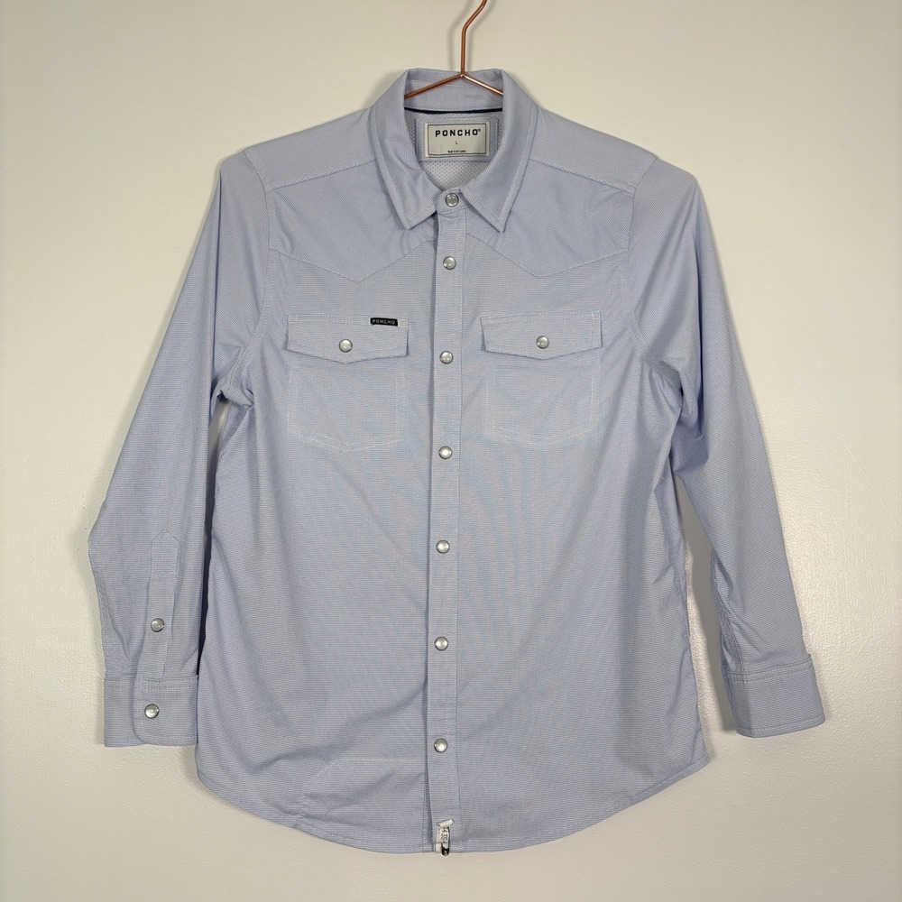 Poncho Boys Western Snap Shirt L Blue Micro Check Performance Fishing Outdoor
